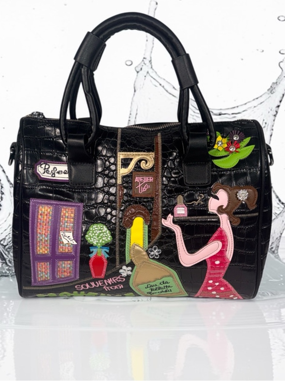 Black Embellished Patchwork Satchel Bag